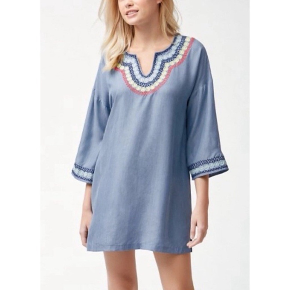 Tommy Bahama Womens L Blue Chambray Embroidered Tunic Mini Dress V Neck Cover Up
